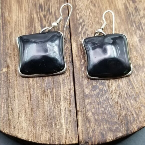 Victorian mourning onyx square earrings sterling silver E253